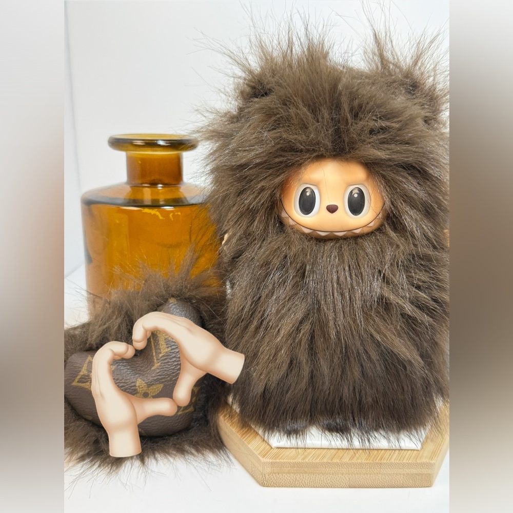 Custom Brown Hairy Lulu Plush Pendant with removable heart magnet.